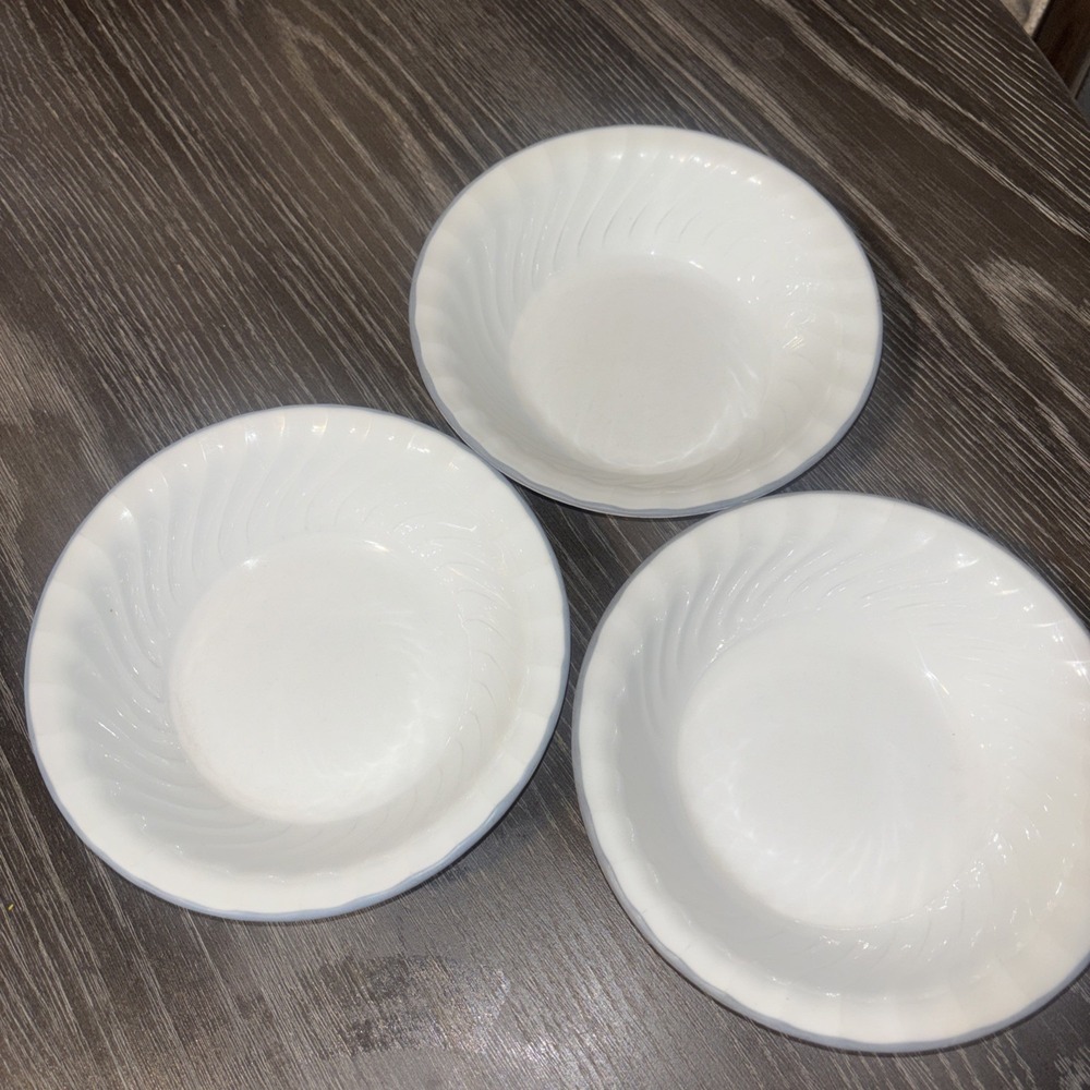 Corelle White Swirl Blue Rim7" Soup Cereal Bowls Set of 3 No Scratched Or Chips
